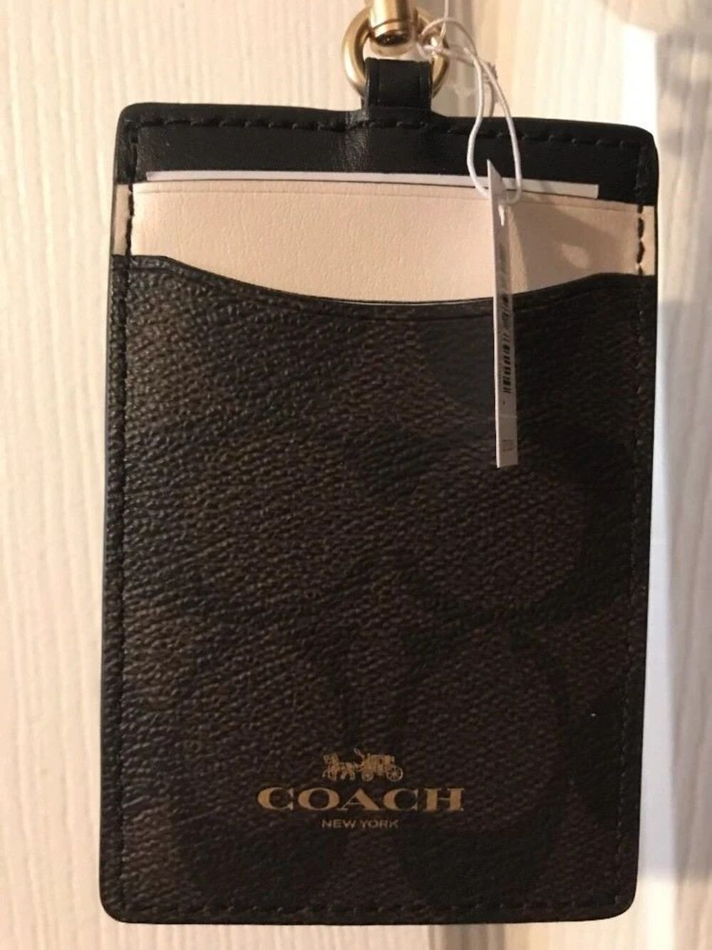 Coach Logo Signature C Leather Brown White Colorblock Lanyard ID Credit Card - Picture 3 of 6